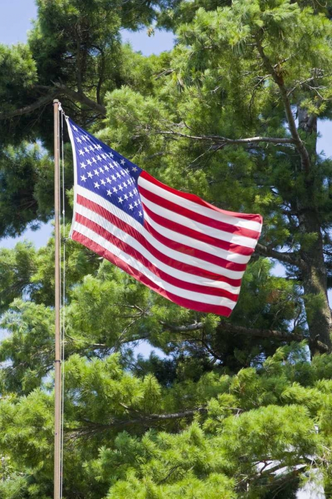 NY, St Lawrence River American flag on flagpole